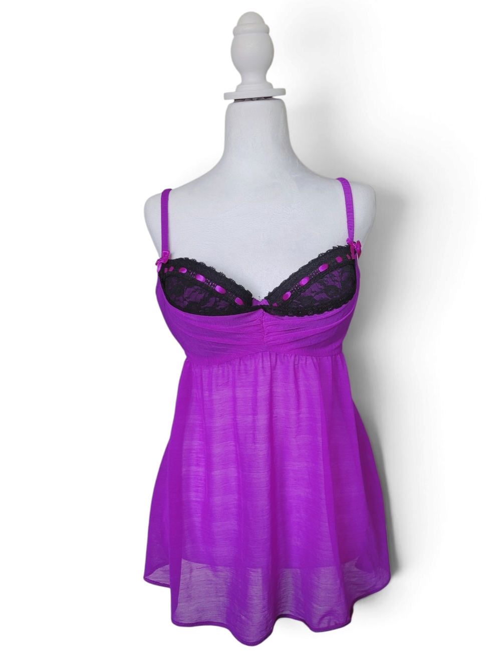 Y2K La SENZA Babydoll Chemise Sheer Magenta With Black Lace L